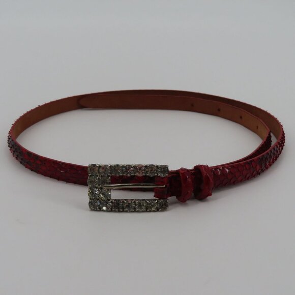 Claudio Orciani Women 80cm Red Genuine Snake Skin Rhinestone Buckle Skinny Belt - Picture 12 of 12